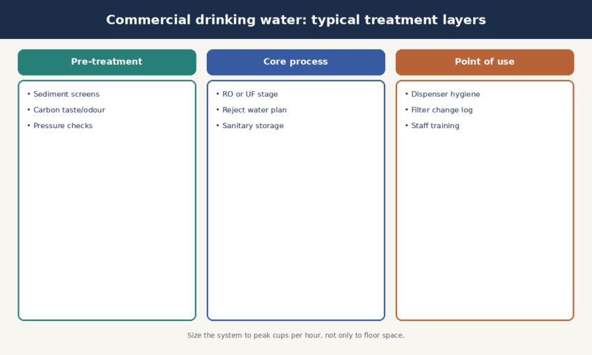 Three-lane diagram of commercial drinking water pre-treatment core process and point-of-use hygiene